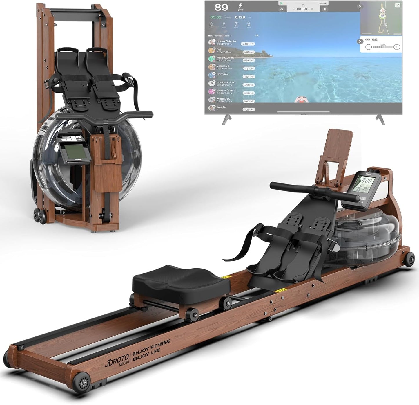JOROTO MR380/MR390: Klappbares Eichenholz‑Rudergerät mit 28 L Tank und Bluetooth‑Monitor
