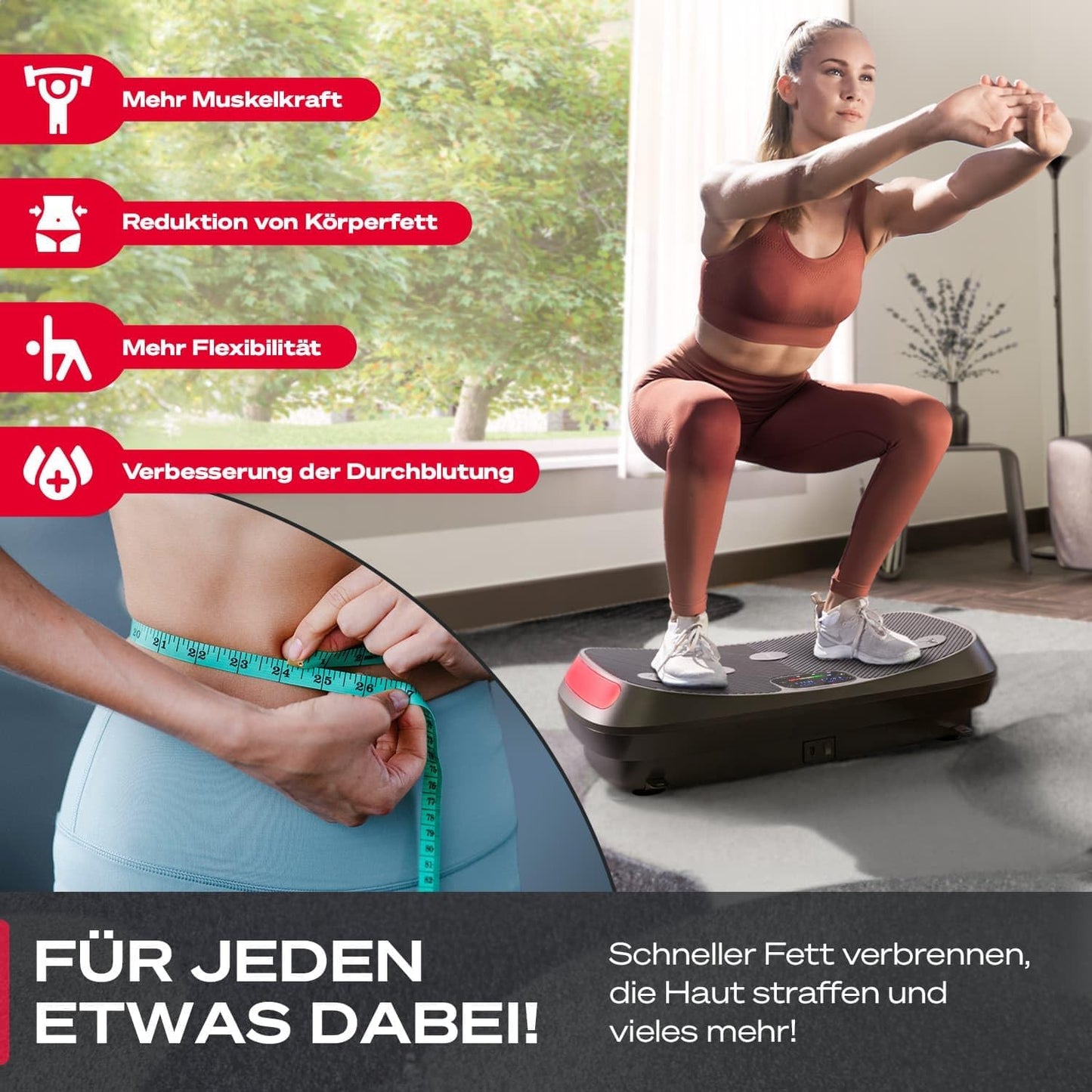 Sportstech VP400: 4D Vibrationsplatte mit Smart‑LED und Trainingsbändern