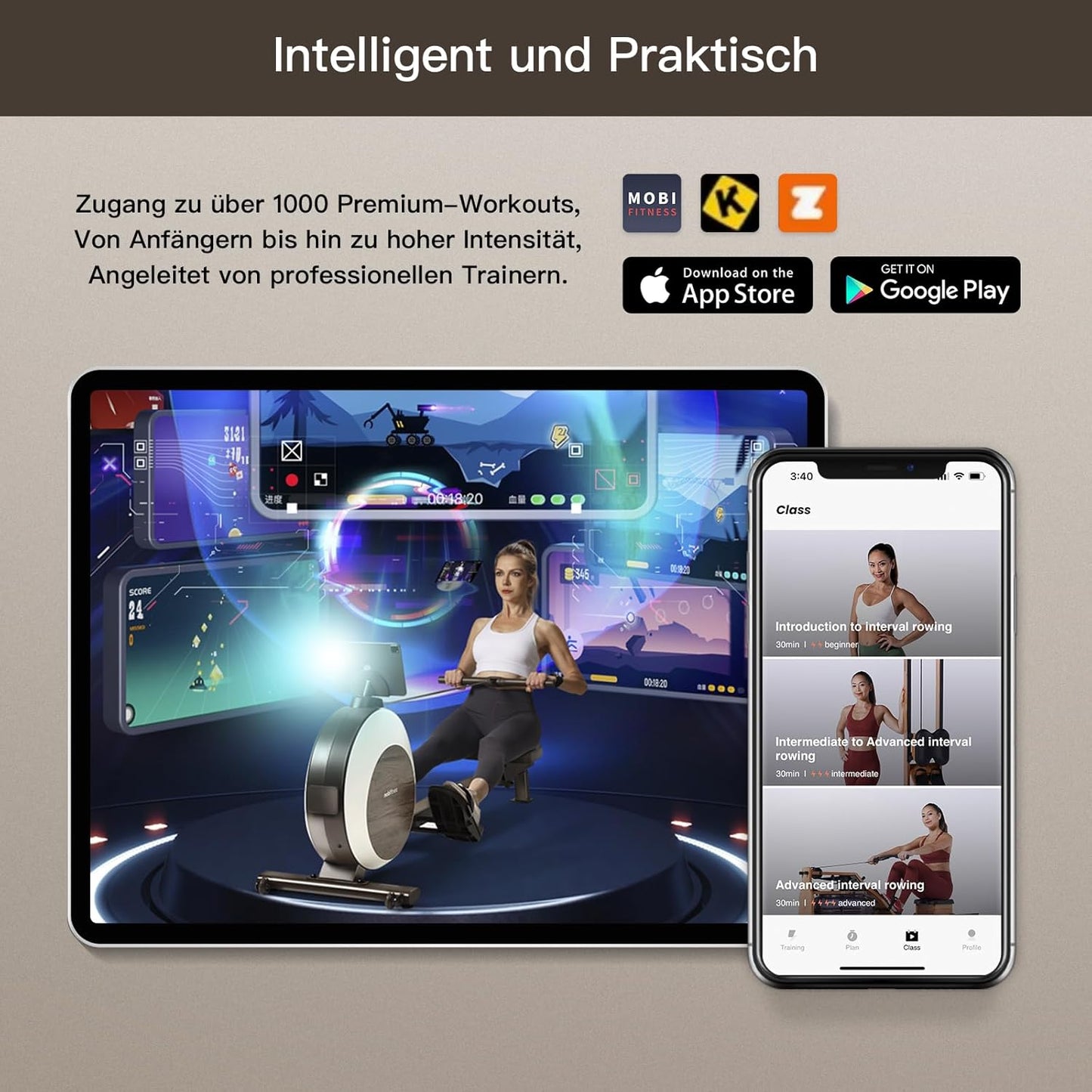 MOBI FITNESS Rudergerät: Magnetisch, leise, 40 Widerstände, LED