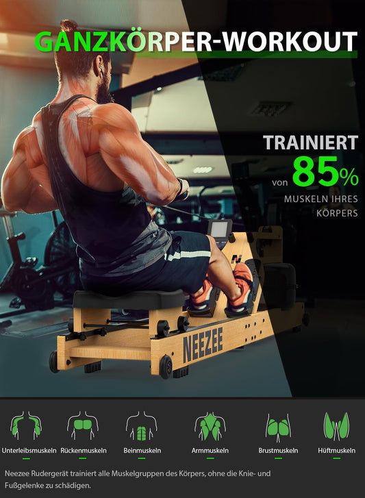 Neezee Water Rowing Machine | Solid Wood, Foldable, Bluetooth Display