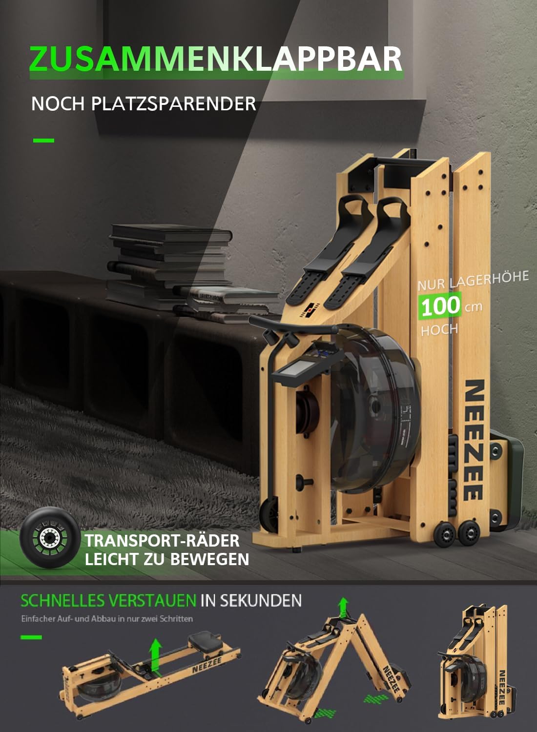 Neezee Water Rowing Machine | Solid Wood, Foldable, Bluetooth Display