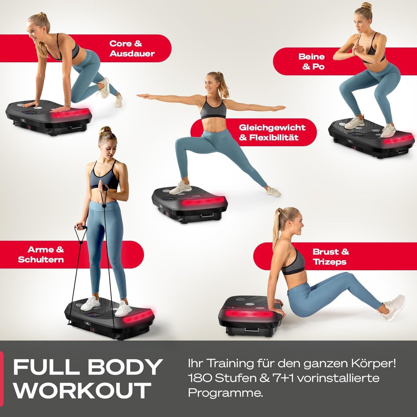 Sportstech VP400: 4D Vibrationsplatte mit Smart‑LED und Trainingsbändern