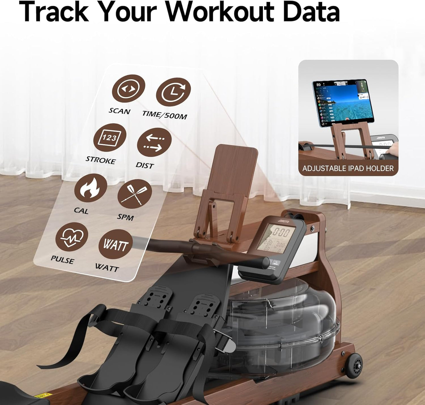 JOROTO MR380/MR390: Klappbares Eichenholz‑Rudergerät mit 28 L Tank und Bluetooth‑Monitor