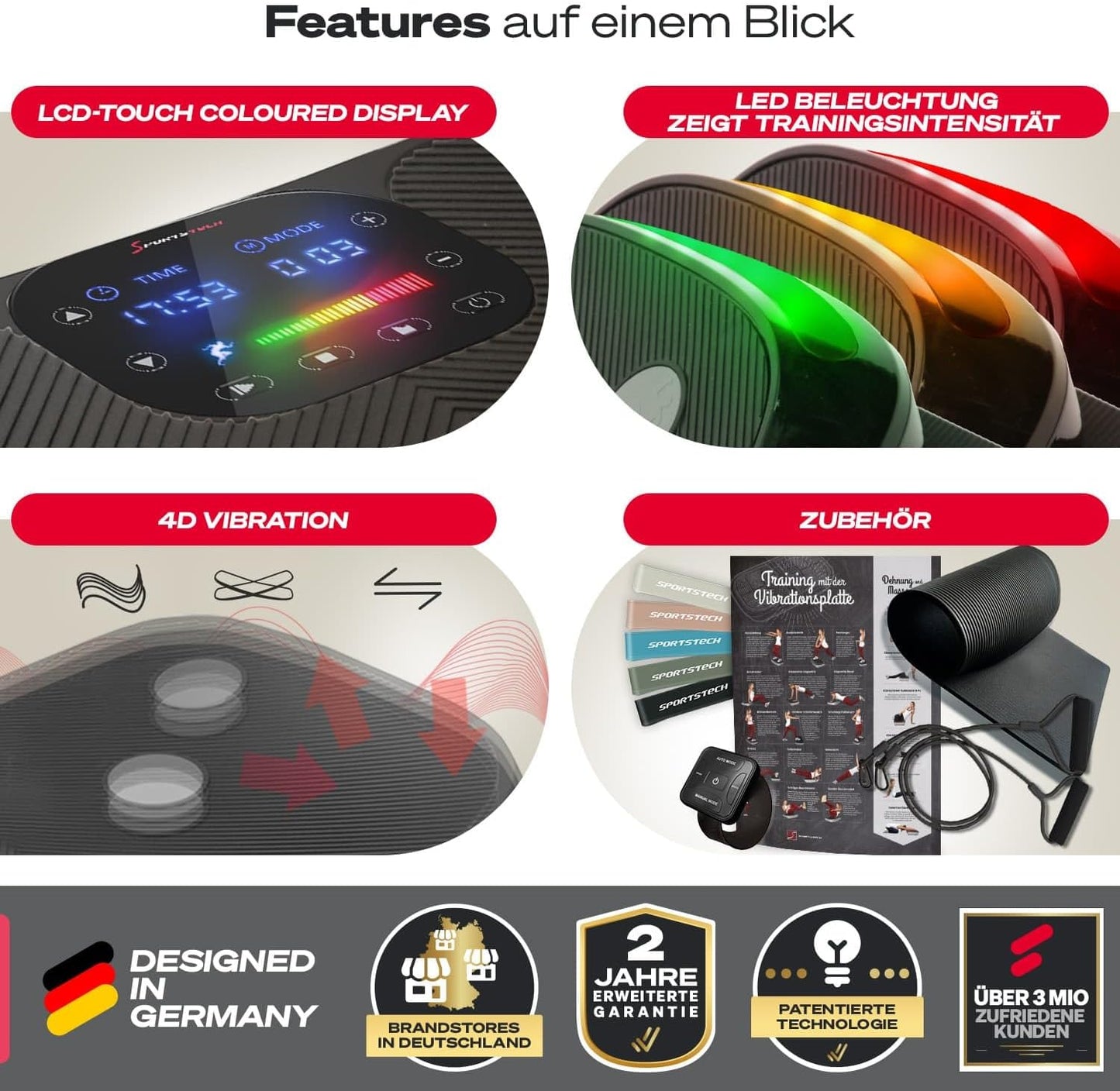 Sportstech VP400: 4D Vibrationsplatte mit Smart‑LED und Trainingsbändern