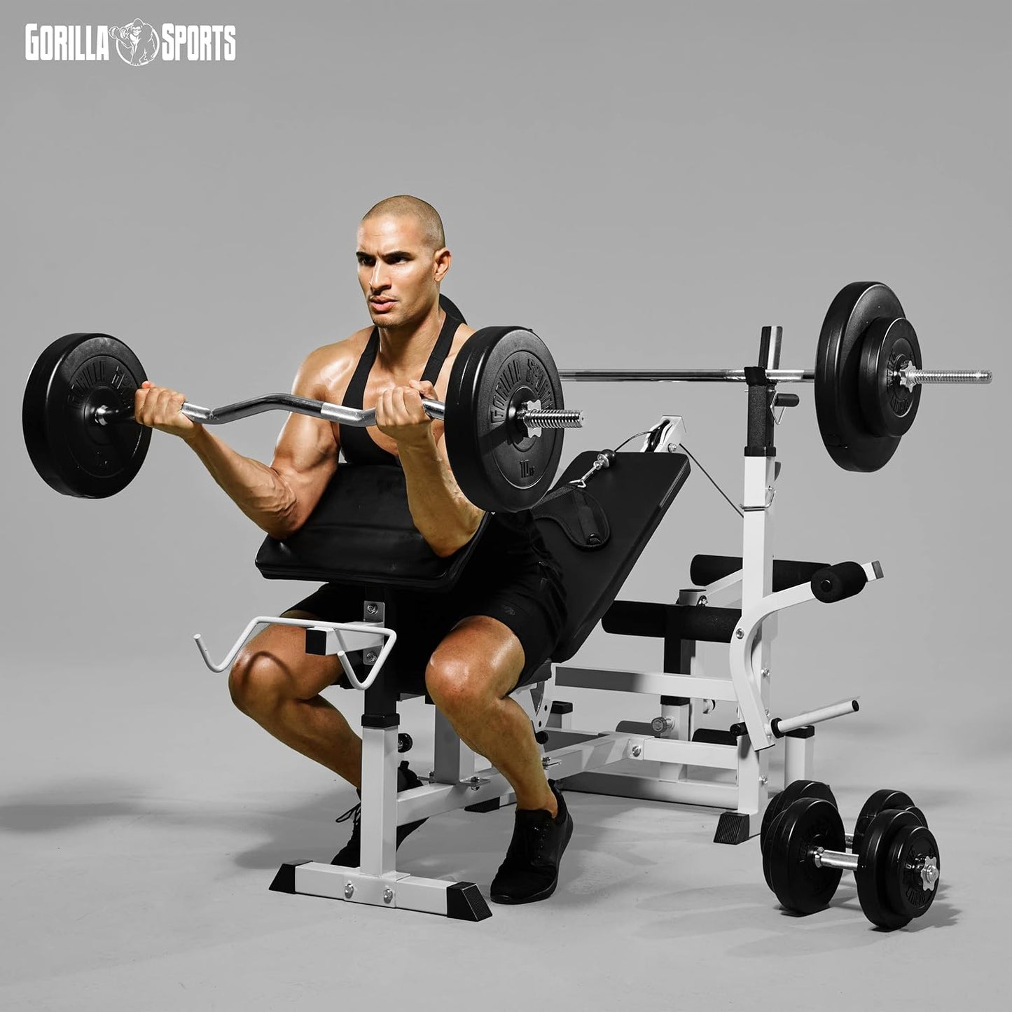 Gorilla Sports Hantelbank mit Gewichten, 170 cm Stange und Hantelset