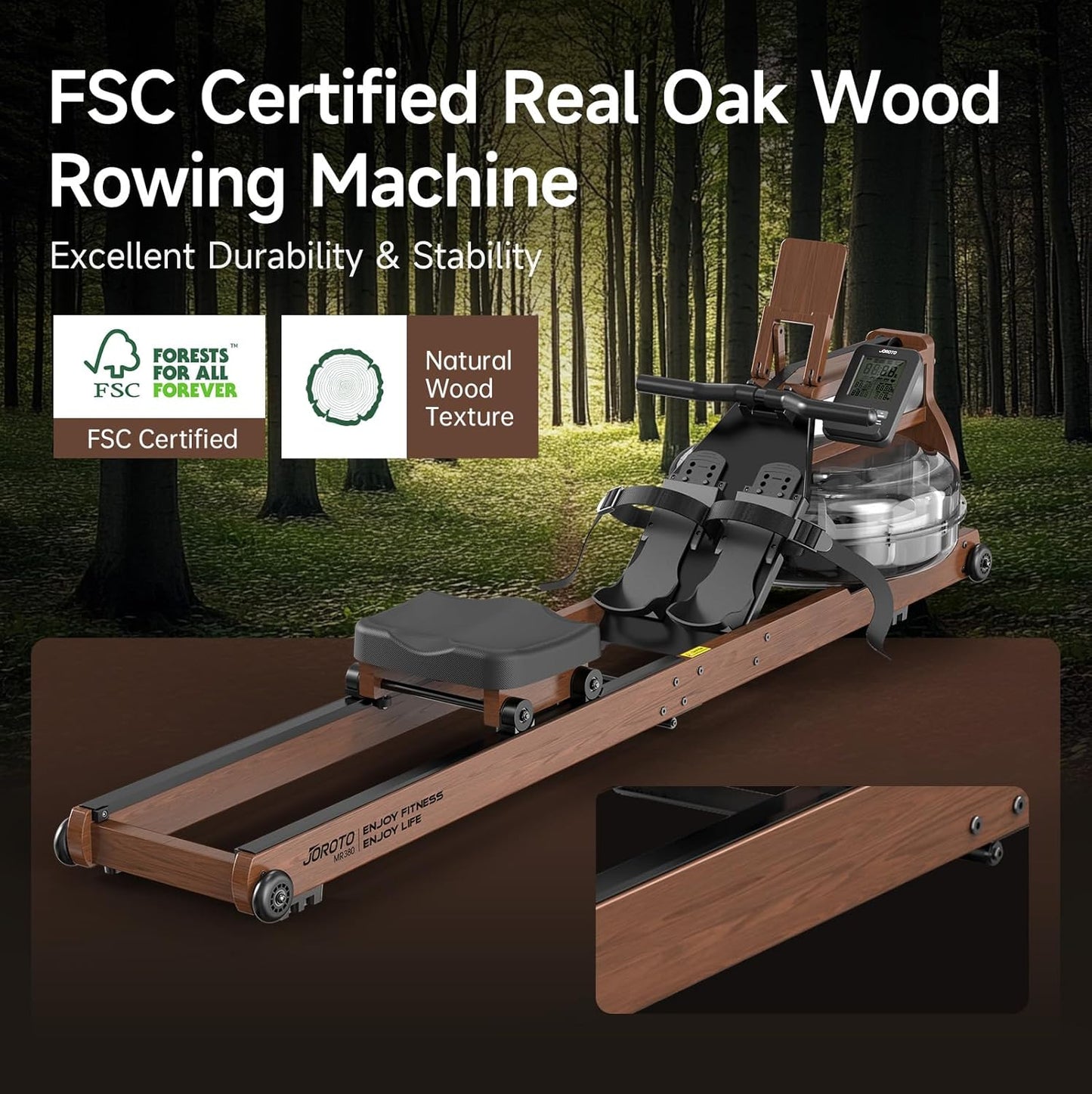 JOROTO MR380/MR390: Klappbares Eichenholz‑Rudergerät mit 28 L Tank und Bluetooth‑Monitor