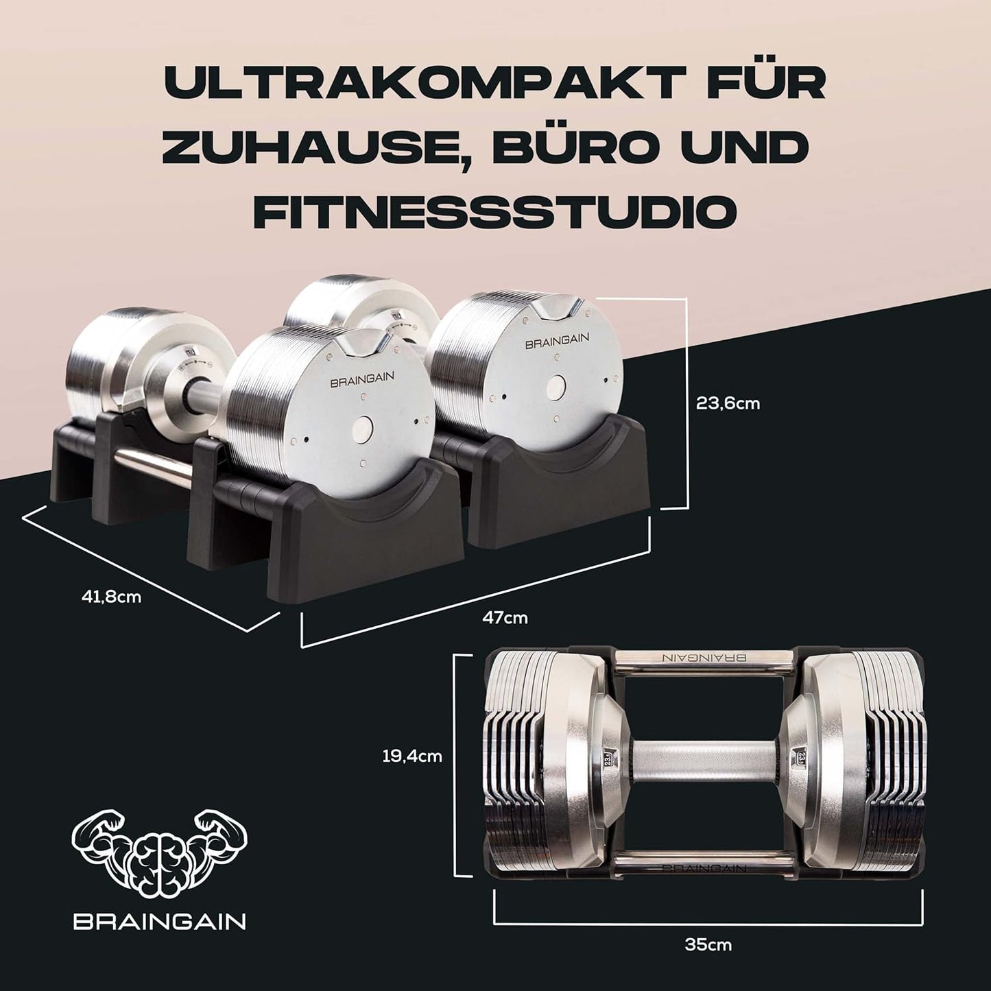 BRAINGAIN Verstellbare Hanteln: Chrom/Schwarz fürs Heimtraining
