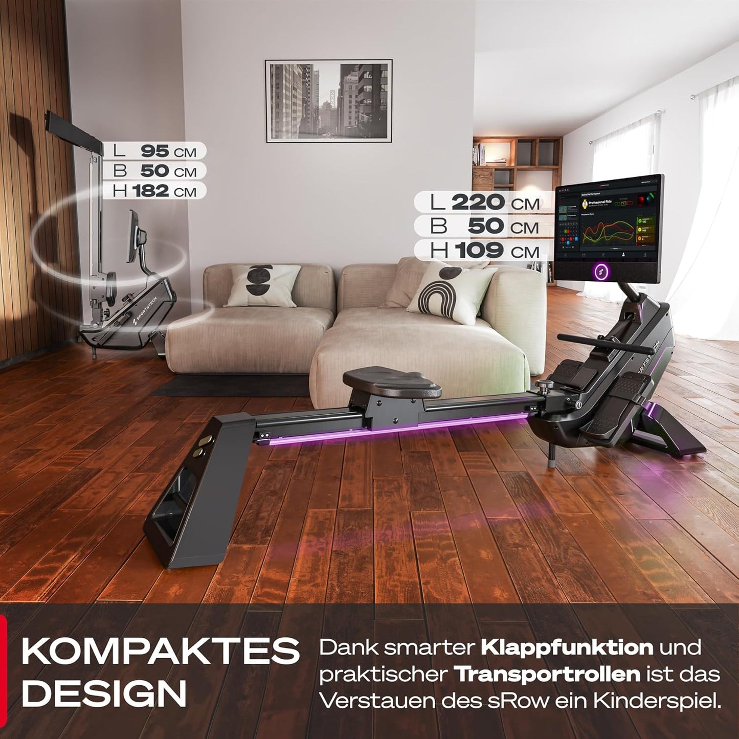 Sportstech Premium Rudergerät mit 21,5" Touchscreen & App