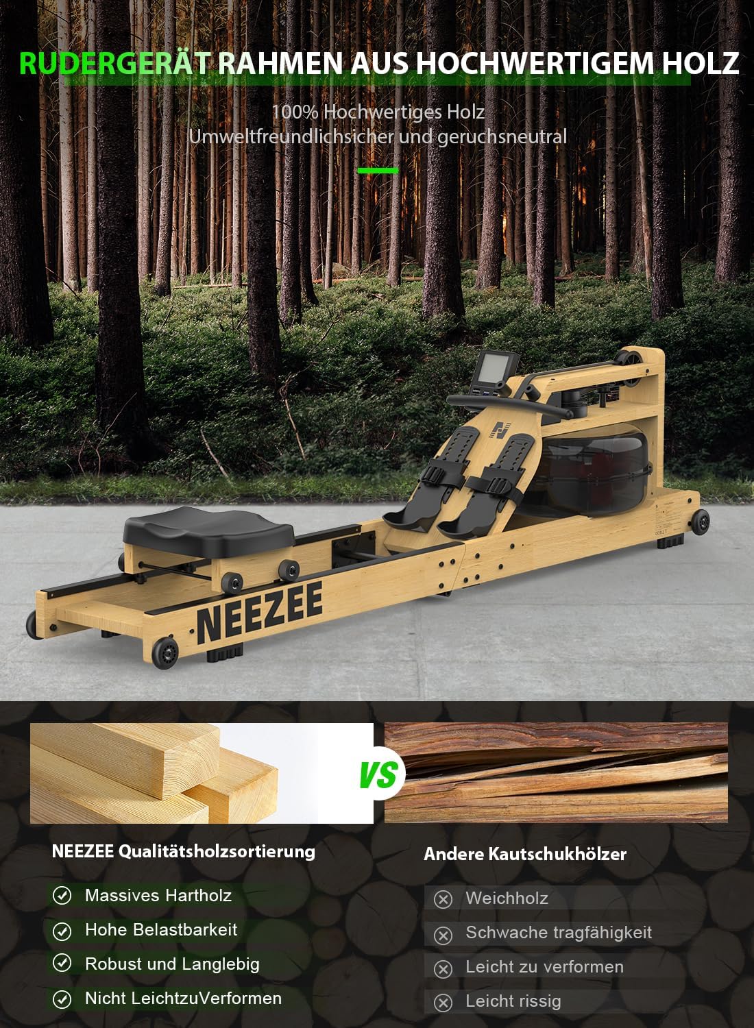 Neezee Water Rowing Machine | Solid Wood, Foldable, Bluetooth Display