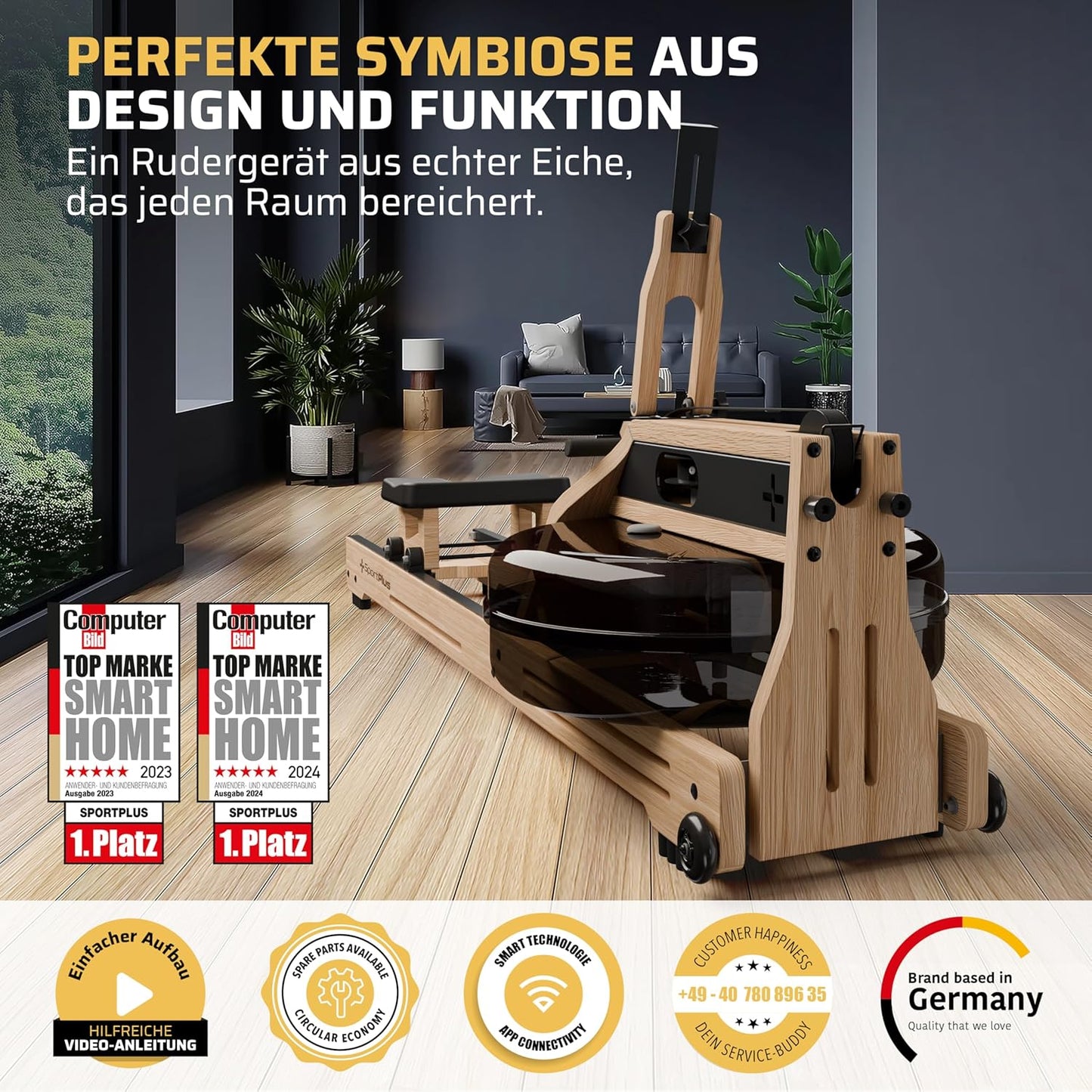 SportPlus Water Rowing Machine Solid Oak Wood Rower App-Compatible