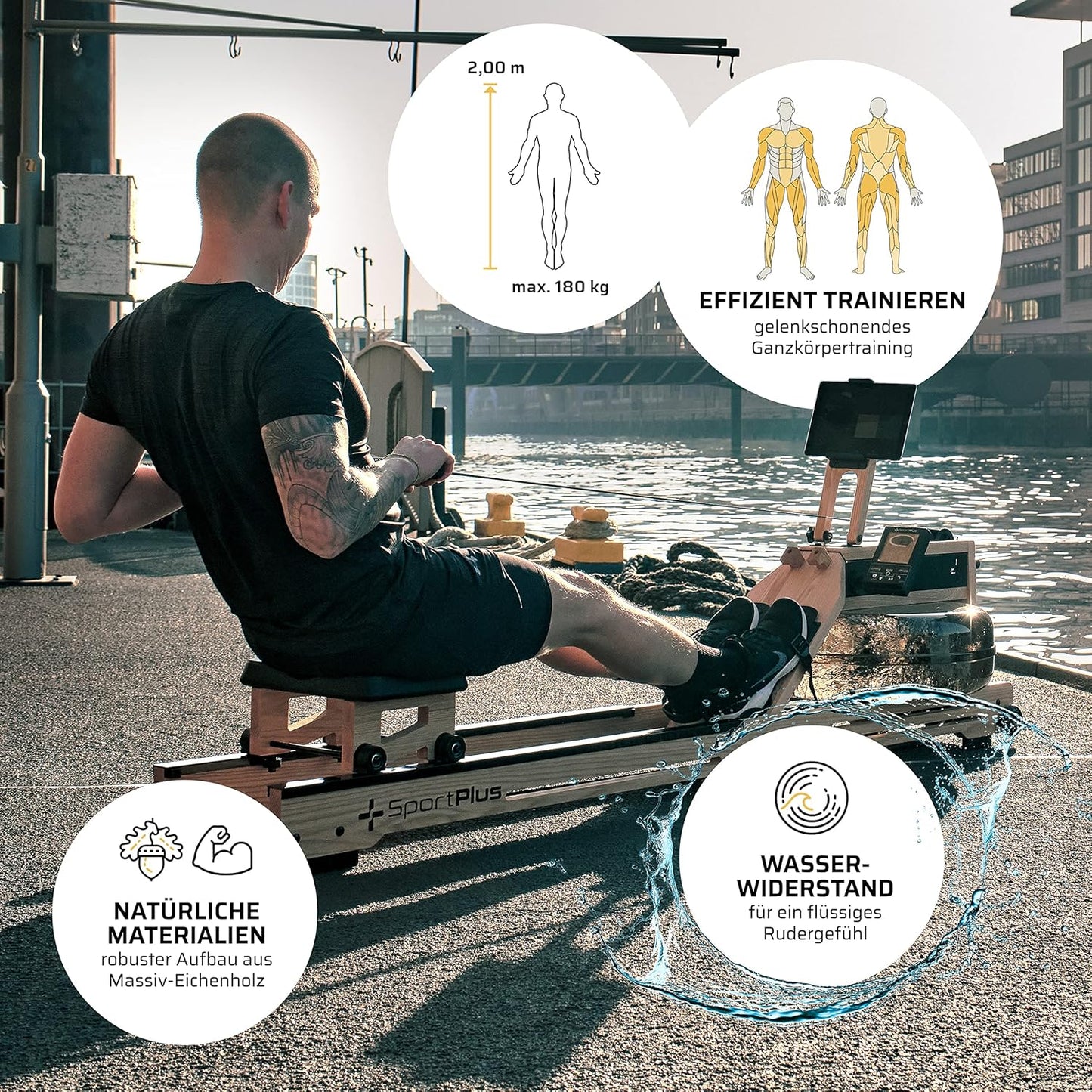 SportPlus Water Rowing Machine Solid Oak Wood Rower App-Compatible